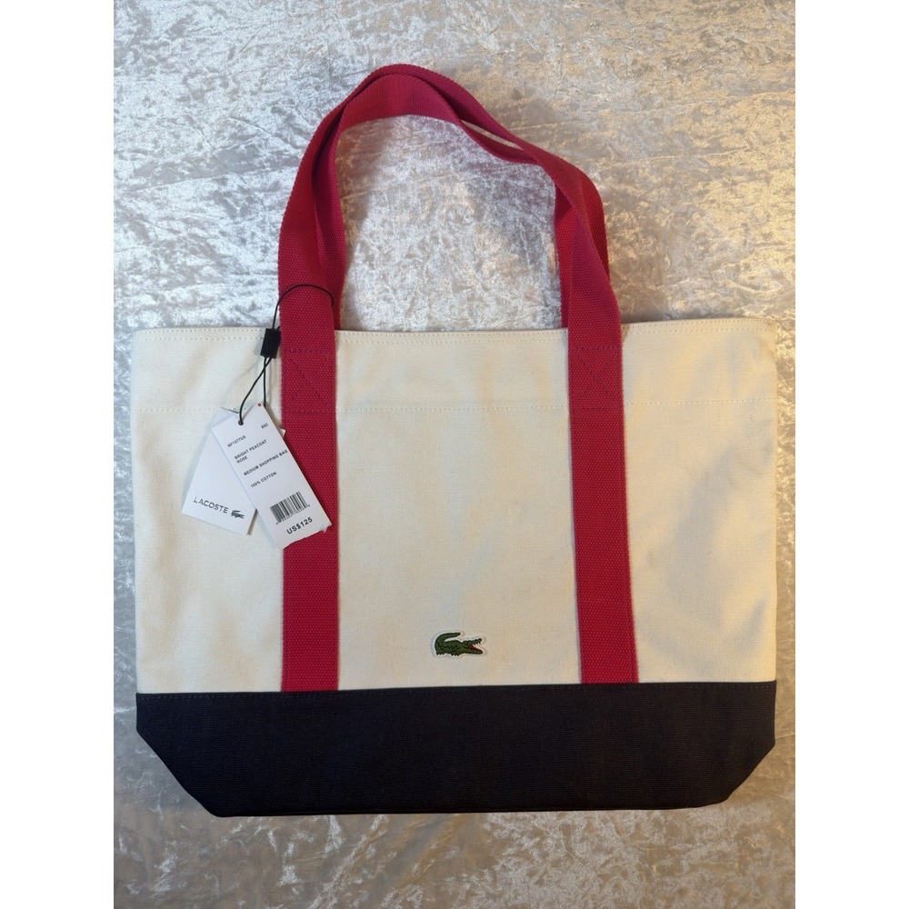 Lacoste Medium Shopping Tote Bag Bright Peacoat Rose Canvas Cotton NWT $125